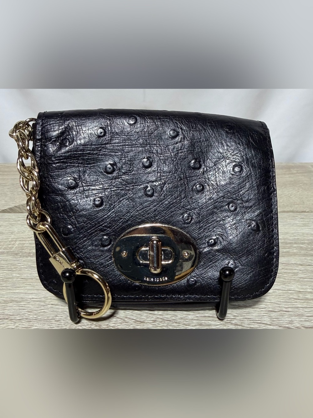 Kate Spade Keychain Coin Purse Black Ostrich-Embossed Leather